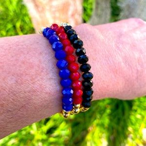 Women Beaded Bracelets, Set of 3, Gold Plated Beads and Crystal Beads, Stretchy